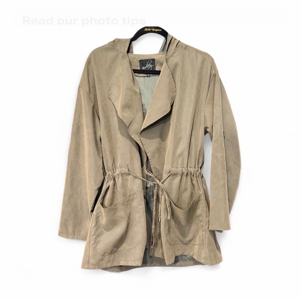 Audrey 3+1 Hooded Jacket Small Tan Tie Front Lightweight Long Sleeve